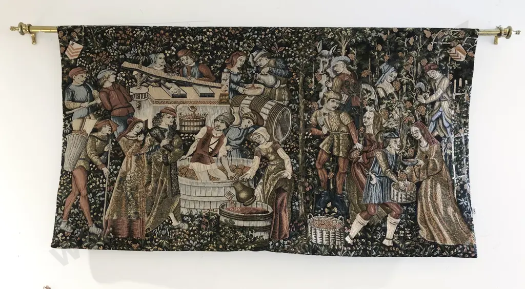 Medieval Style Tapestry Wall Hanging of Wine Making Scene Image 1++
