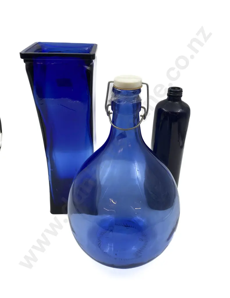 Blue Glass Vase and Two Blue Glass Bottles Image 1++