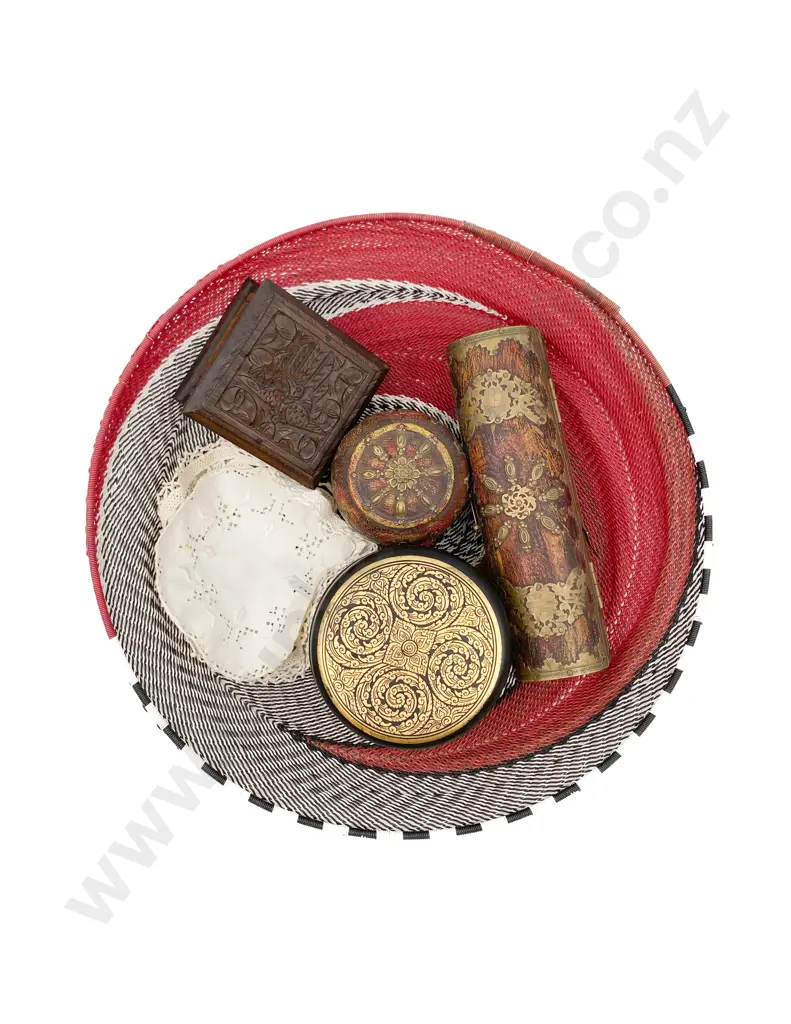 Four Assorted Trinket Boxes and Woven Fruit Bowl Image 1++