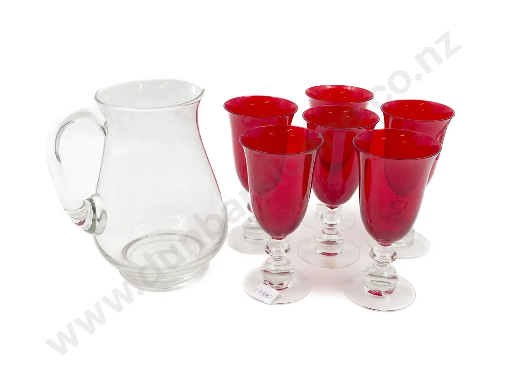 Six Ruby Glass Goblets Together With Glass Jug Image 1++