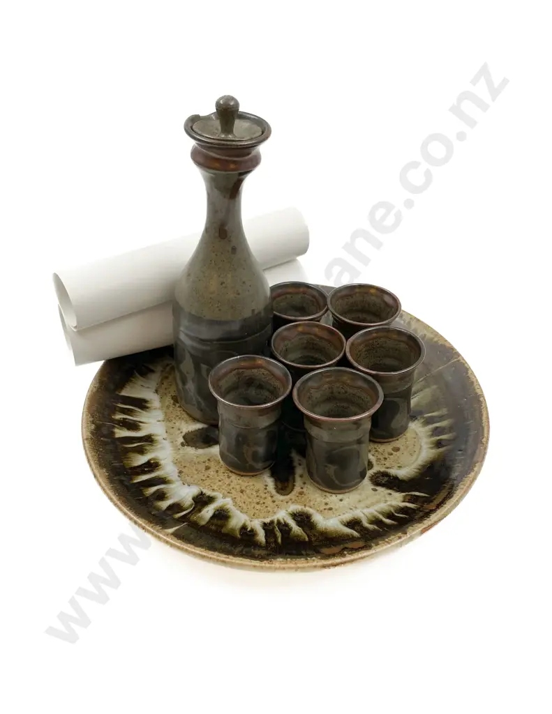 Pottery Decanter and Six Cups Together with Pottery Charger and Two Loose Prints Image 1++