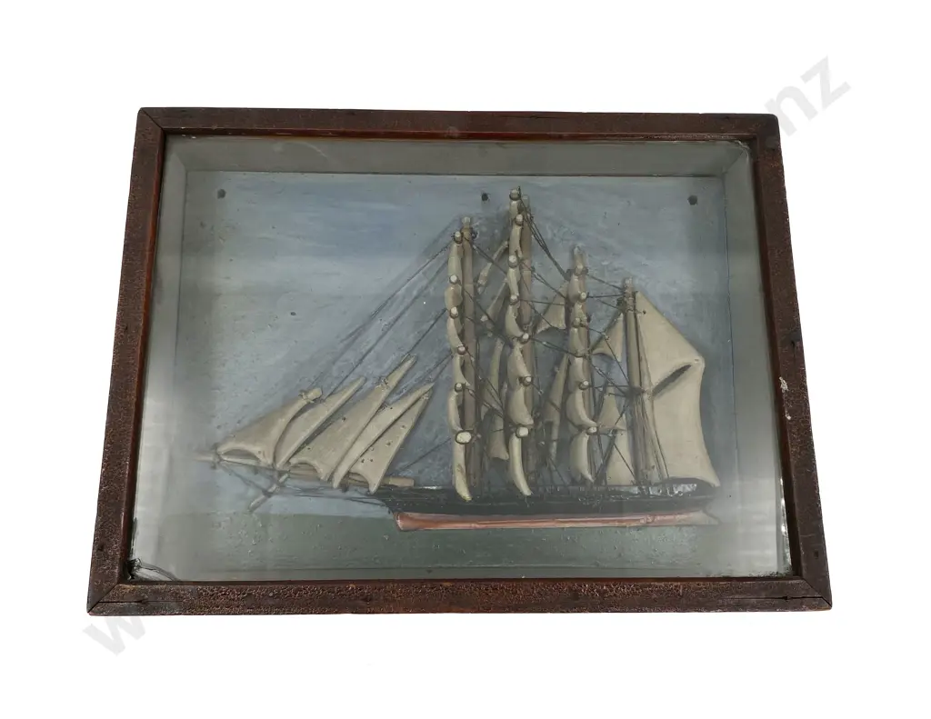 Vintage Sailing Ship Diorama In Glazed Case Image 1++