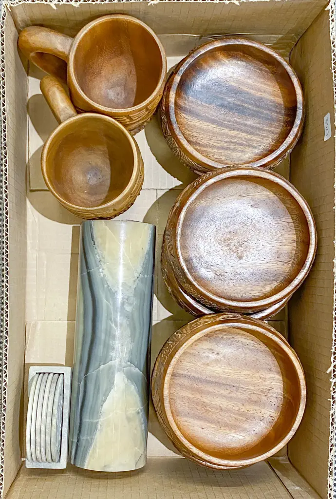 Qty of Assorted Including Wooden Bowls and Hardstone Vase Image 1++