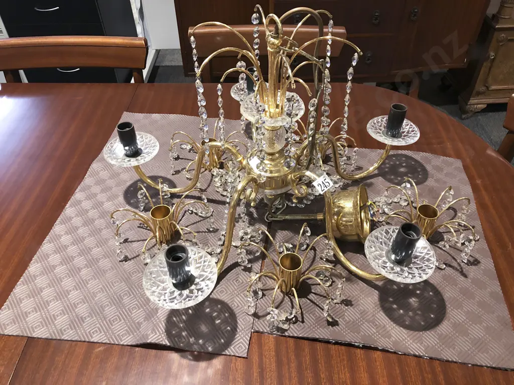 Brass Five Light Chandelier with Crystal Droplets Image 1++