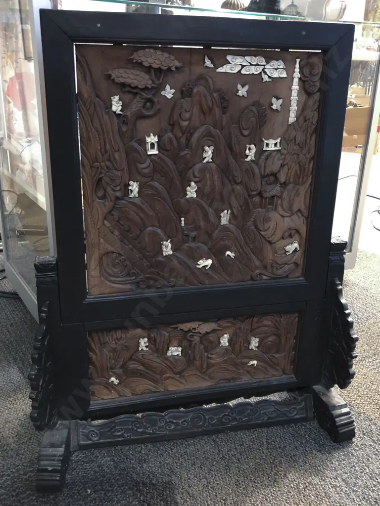 Carved Asian Screen with Applied Ivory Carvings Image 1++