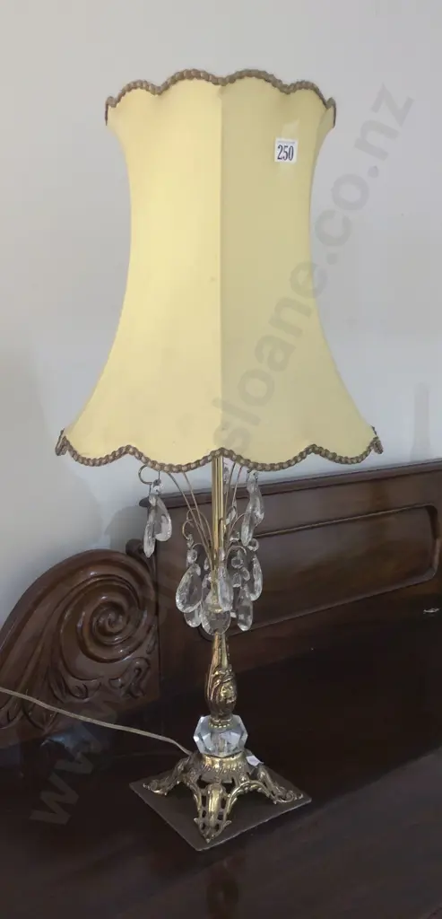 Ornate Brass Table Lamp and Shade with Crystal Droplet Decoration Image 1++