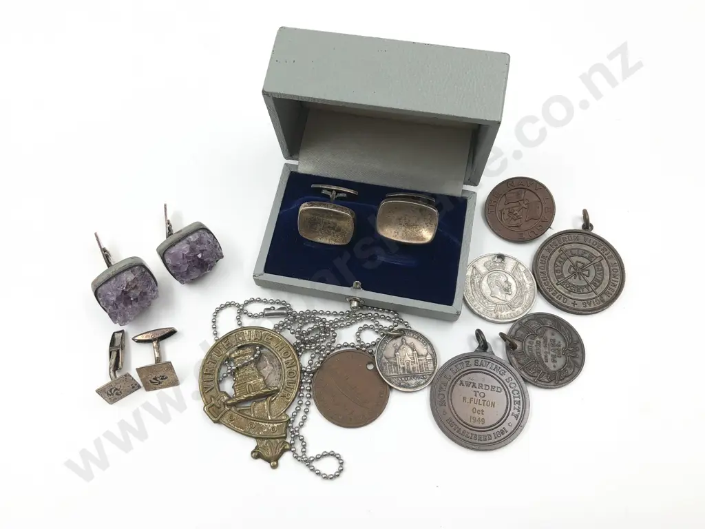 Three Pairs of S/S Cuff Links Together With Nine Medallions and Awards Image 1++