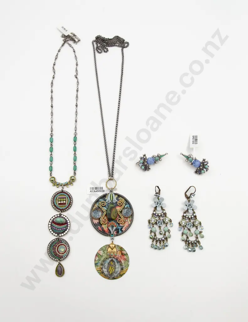 Two Metal Crystal and Enamel Pendant Necklaces and Two Pair Earrings Image 1++