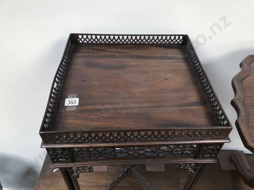 Mahogany Ornate Occasional Table with lattice Designs and Brush Slides (Minor Faults) Image 1++