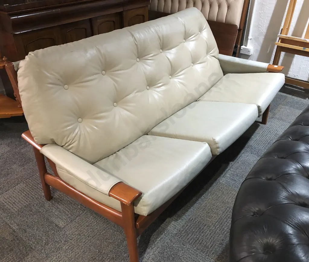 Mid Century Button Back Vinyl Sofa Image 1++
