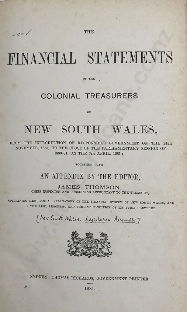 Thomson James (Editor) The Financial Statements of the Colonial Treasurers of New South Wales Image 1++