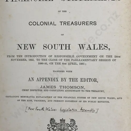 Thomson James (Editor) The Financial Statements of the Colonial Treasurers of New South Wales