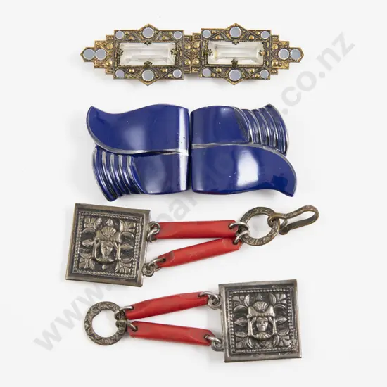 Three Art Deco Czech Pressed Metal and Glass 2pce Buckles