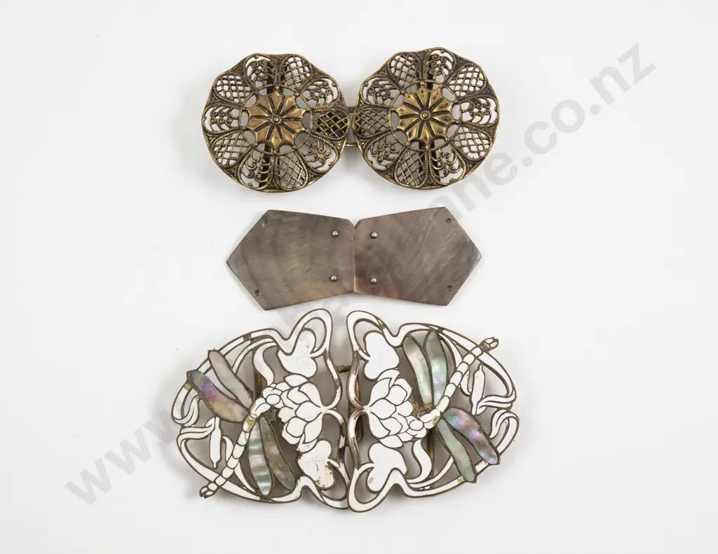 Art Nouveau Enamel and MOP 2pce Buckle with MOP and Pressed Metal Buckles Image 1++