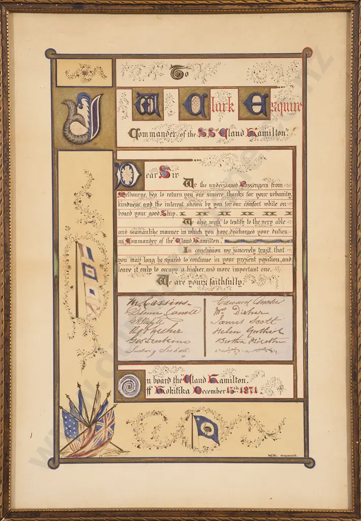 Interesting 1871 Illuminated Presentation To W A Clark Captain Of S S Cloud Hamilton Image 1++