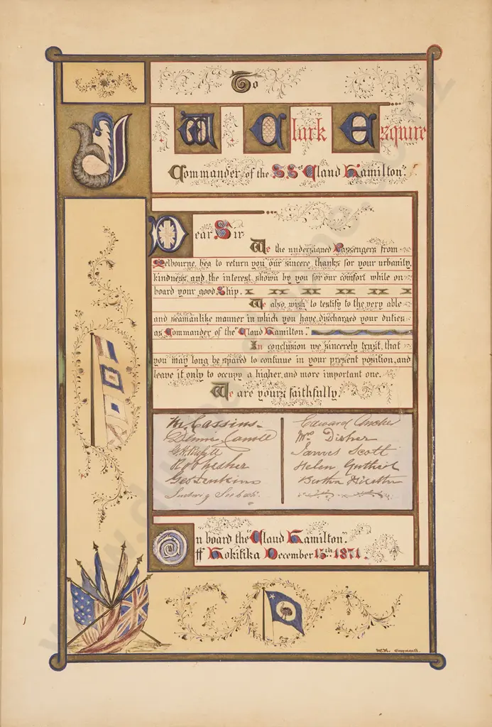 Interesting 1871 Illuminated Presentation To W A Clark Captain Of S S Cloud Hamilton Image 1++
