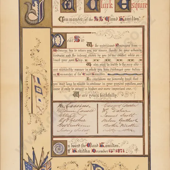 Interesting 1871 Illuminated Presentation To W A Clark Captain Of S S Cloud Hamilton
