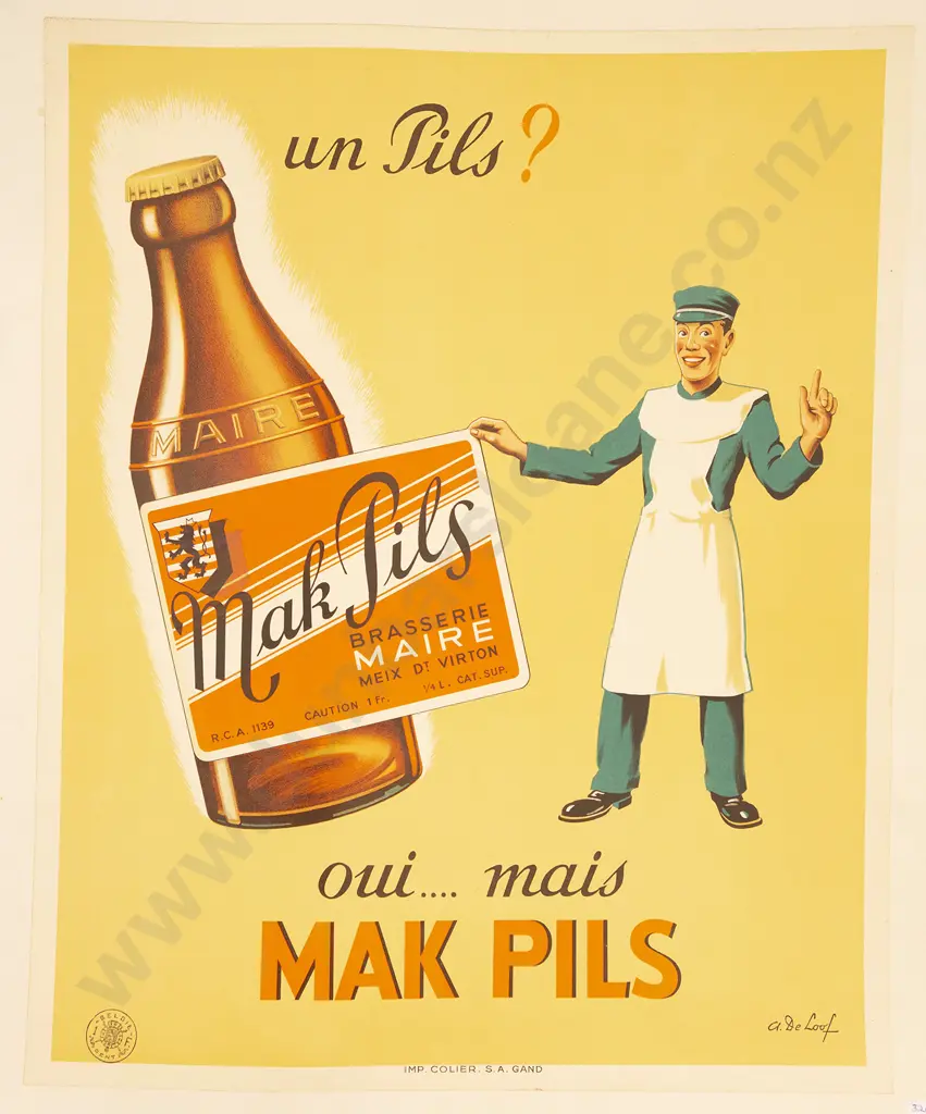 Circa 1940 Mak Pils Brasserie Marie Vintage Belgium Beer Poster By A De Loof Image 1++