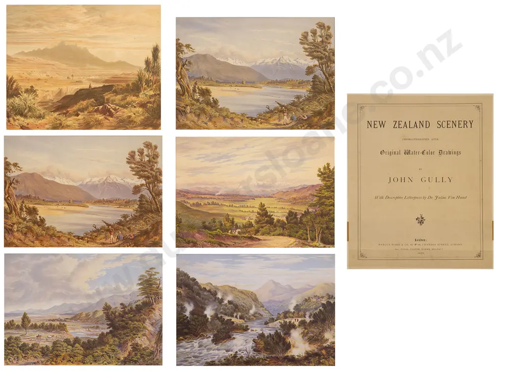 6 NZ Coloured Chromolithographic Landscapes After John Gully & C. D. Barraud Image 1++