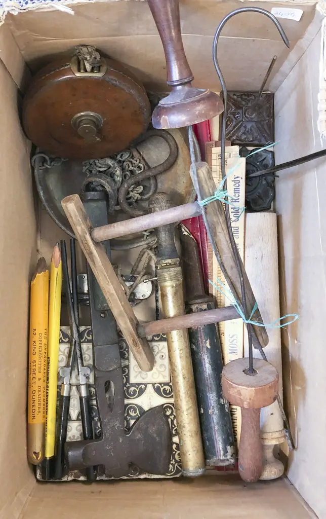 Box of Assorted Vintage Incl. Measuring Implements and Small Hatchet Etc. Image 1++