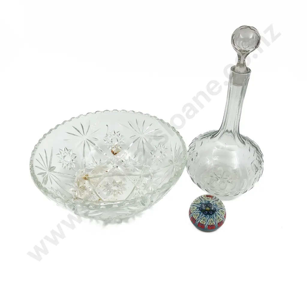 Crystal Decanter and Bowl Together With Art Glass Paperweight Image 1++