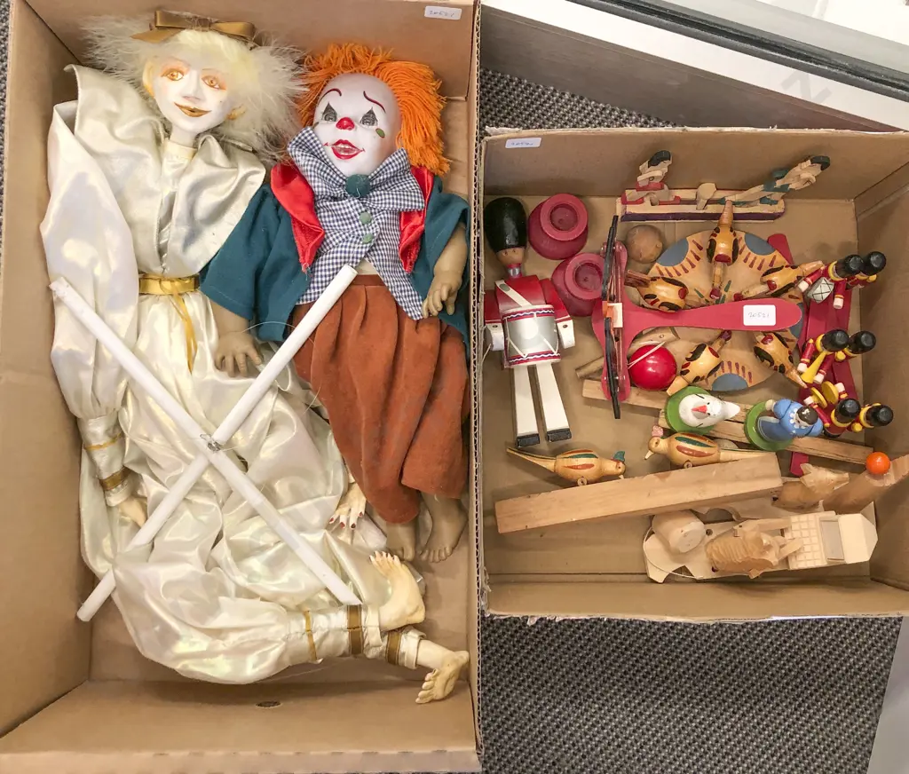 Box of Assorted Wooden Toys Together With Two Clown Dolls Image 1++