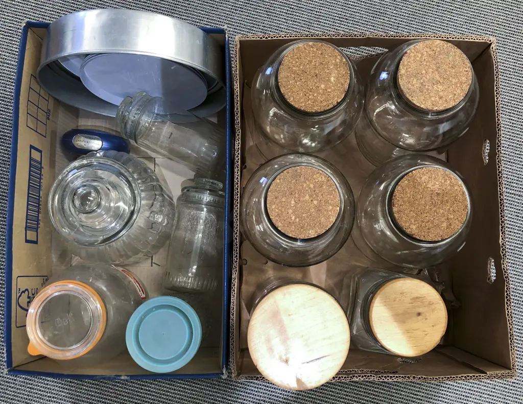 Two Boxes of Assorted Incl. Large Glass Jars and Cake Tin Etc. Image 1++