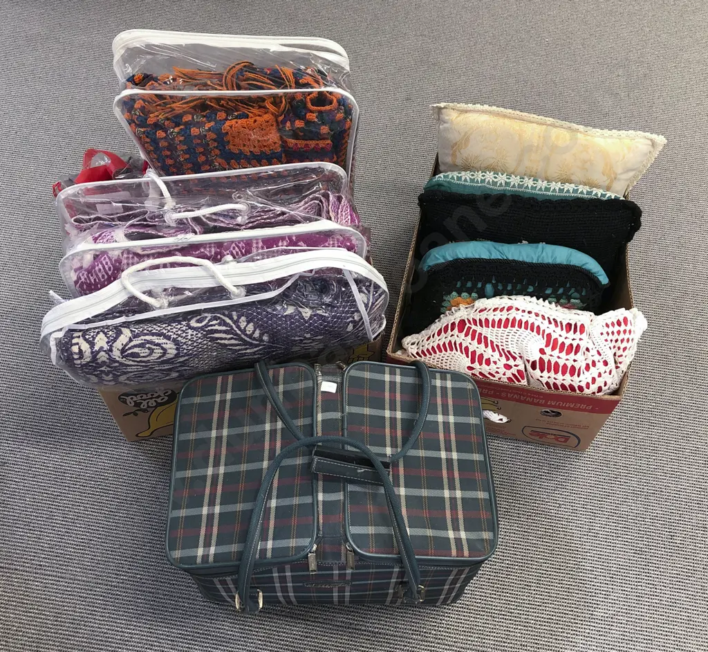 Three Boxes of Assorted Incl. Cushions with Bedding and Blankets together with Tupperware Picnic Hamper Image 1++