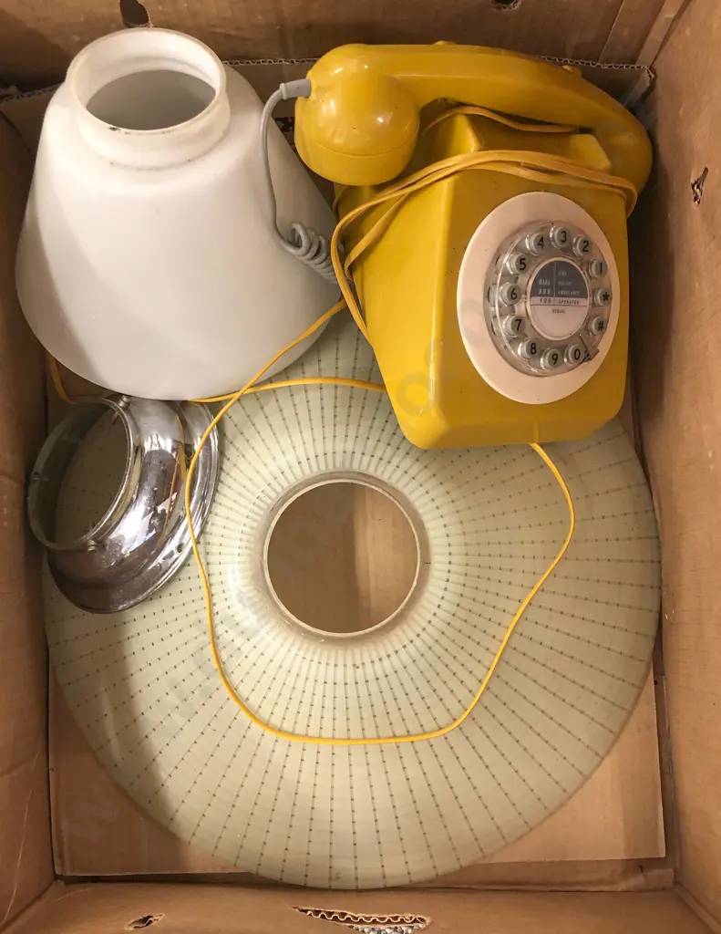 Box of Assorted Incl. Lamp Shades and Vintage Phone Image 1++