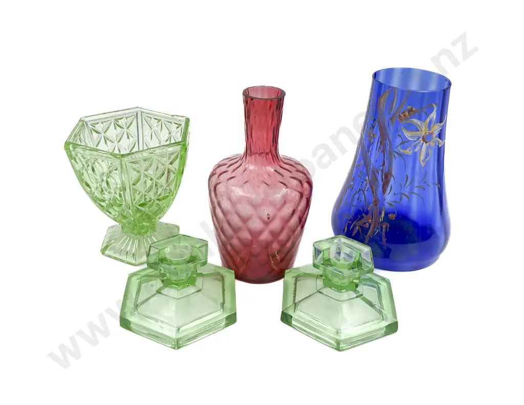 Five Pieces of Assorted Colored Glass Incl. Pair of Candlesticks Image 1++