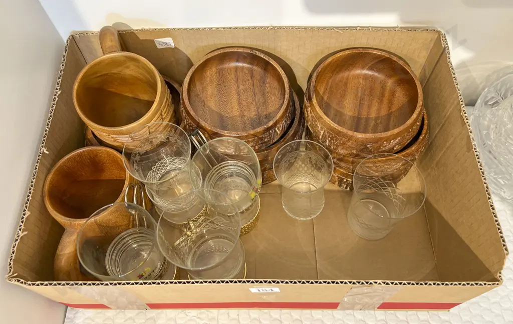Box of Assorted Incl. Woodware and Soapstone Coasters with Assorted Brassware Image 1++