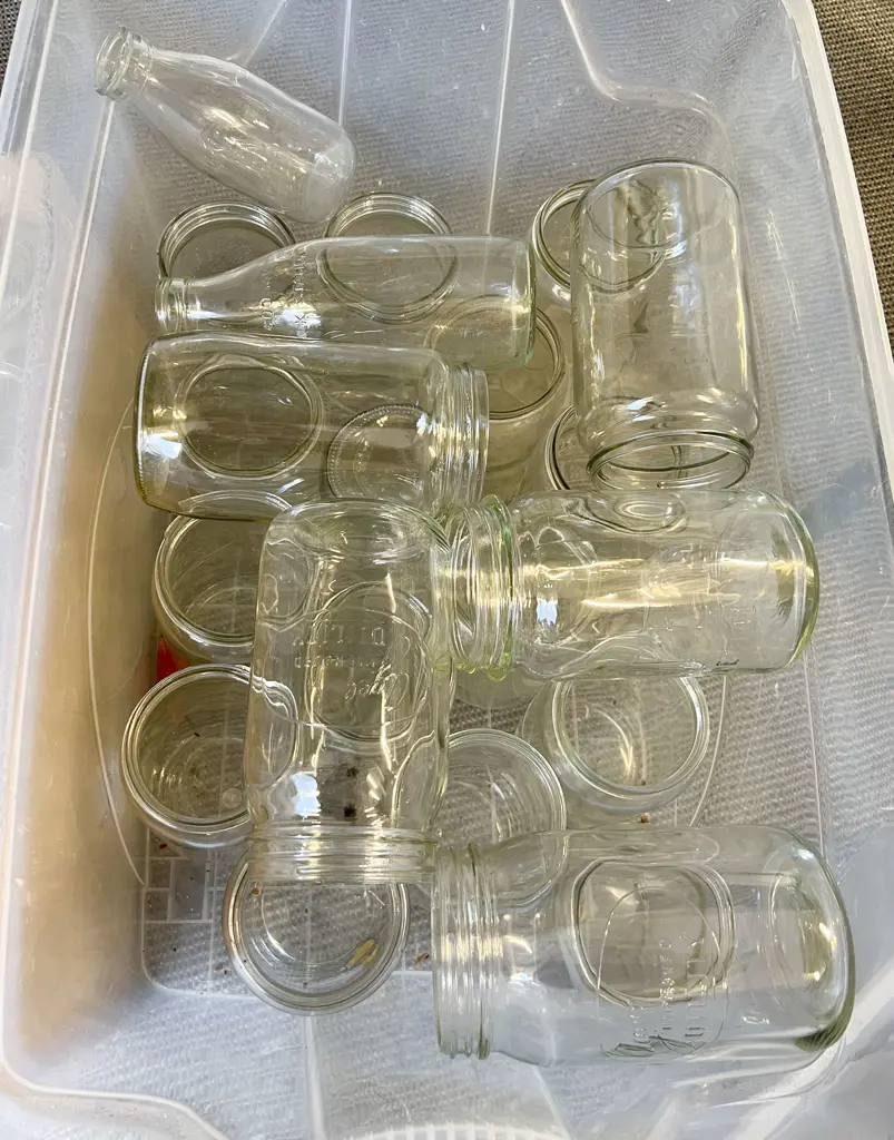 Two Boxes of Assorted Vintage Jars and Milk Bottles (No Lids) Image 1++