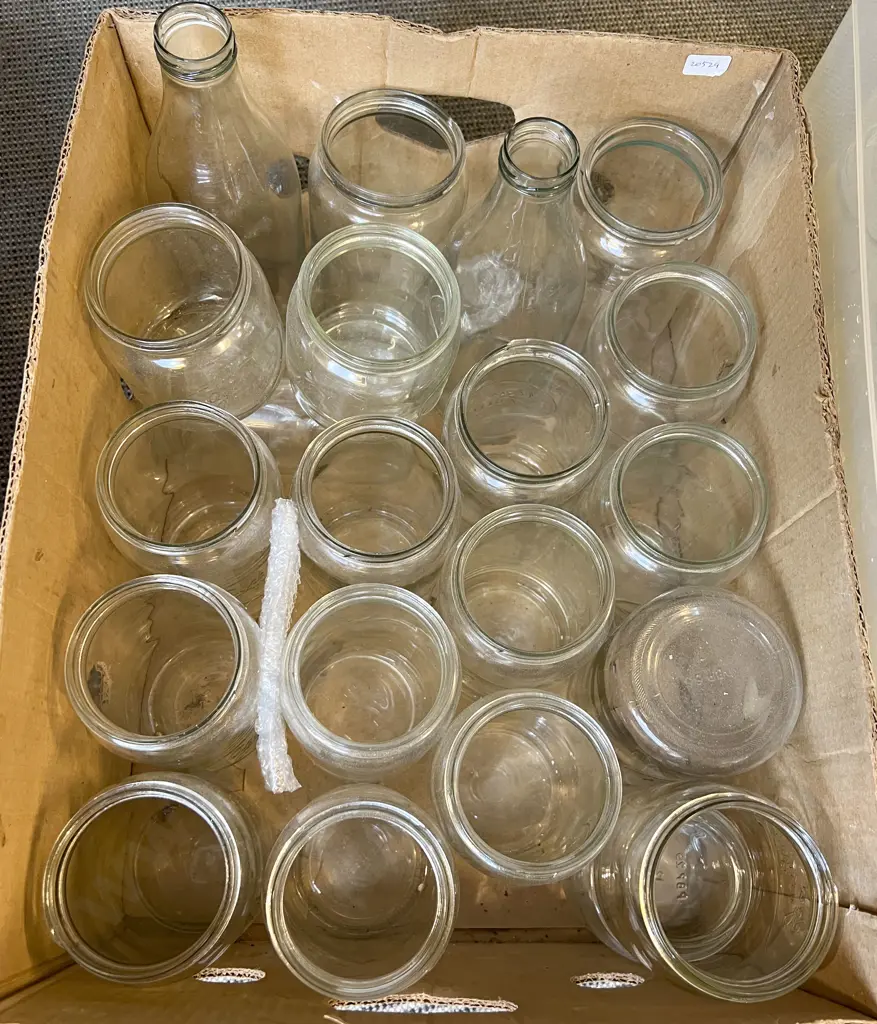 Two Boxes of Assorted Vintage Jars and Milk Bottles (No Lids) Image 1++