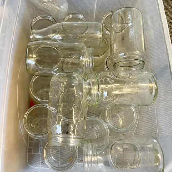 Two Boxes of Assorted Vintage Jars and Milk Bottles (No Lids)