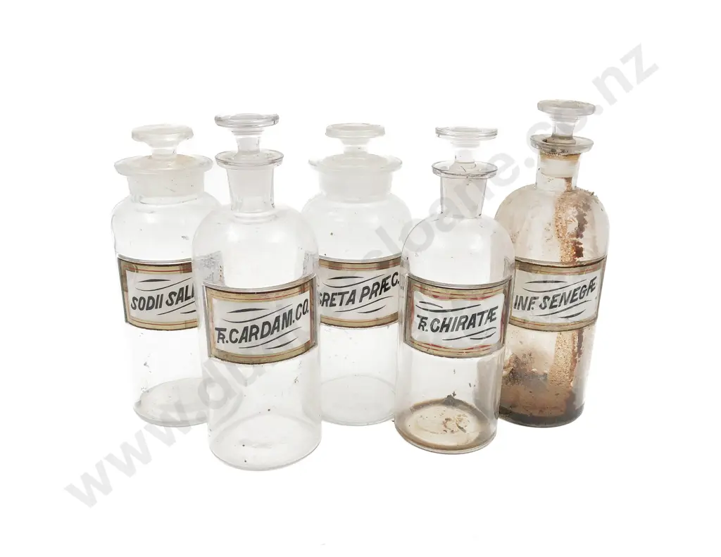 Five Labeled Stoppered Chemist Bottles Image 1++
