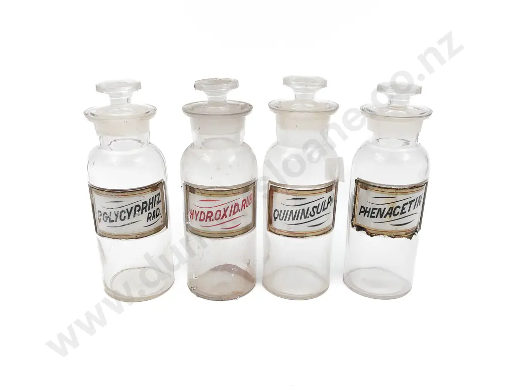 Six Small Labeled Stoppered Chemist Bottles Image 1++