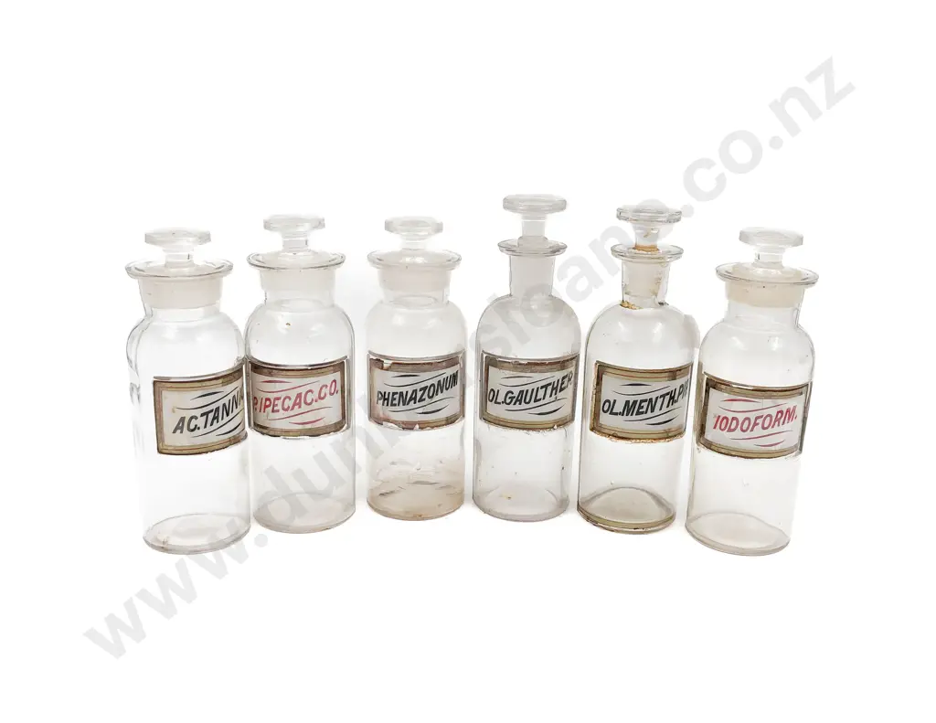 Six Small Labeled Stoppered Chemist Bottles Image 1++