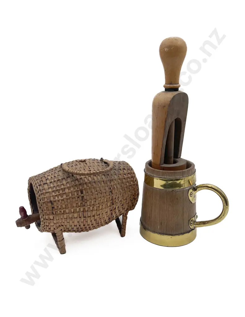 Small Wicker Barrel With Wooden and Brass Tankard and Wooden Bottle Opener Image 1++