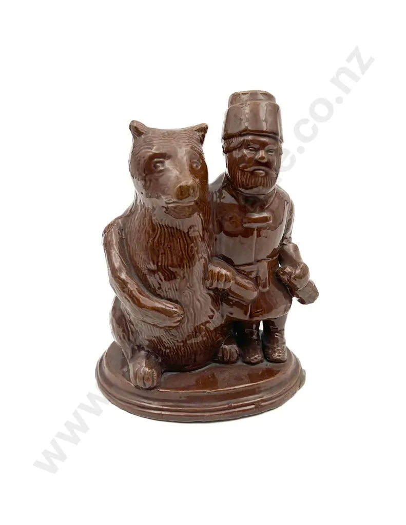 European Brown Glazed Man and Bear Ceramic Decanter Image 1++