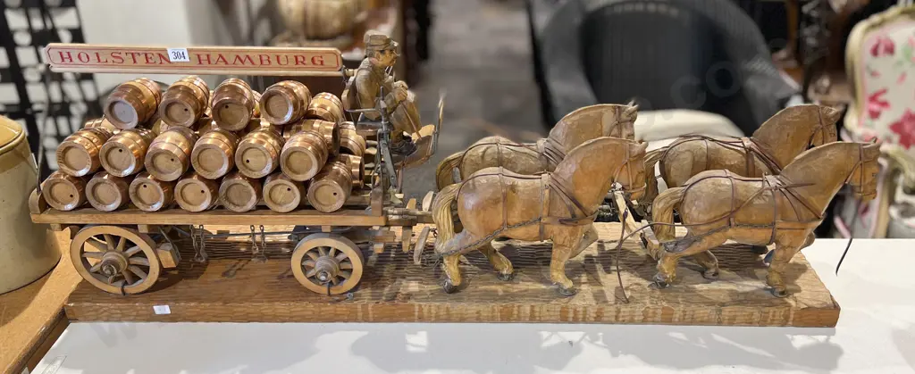 Large German Wooden Carved Brewers Cart and Horses for Holsten Hamburg Image 1++