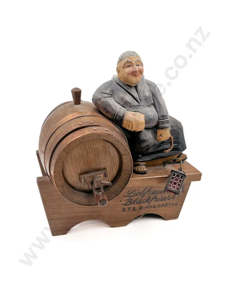 German Carved Monk and Barrel on Stand Image 1++