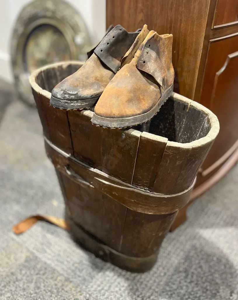 Antique Wooden Grape Carrier and Pair of Grape Crushing Boots Image 1++