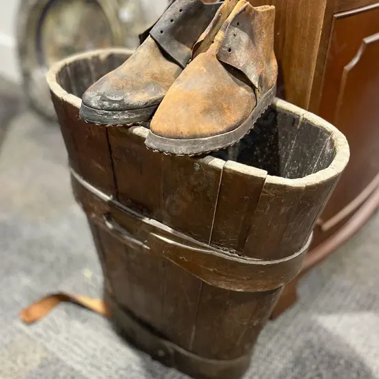 Antique Wooden Grape Carrier and Pair of Grape Crushing Boots