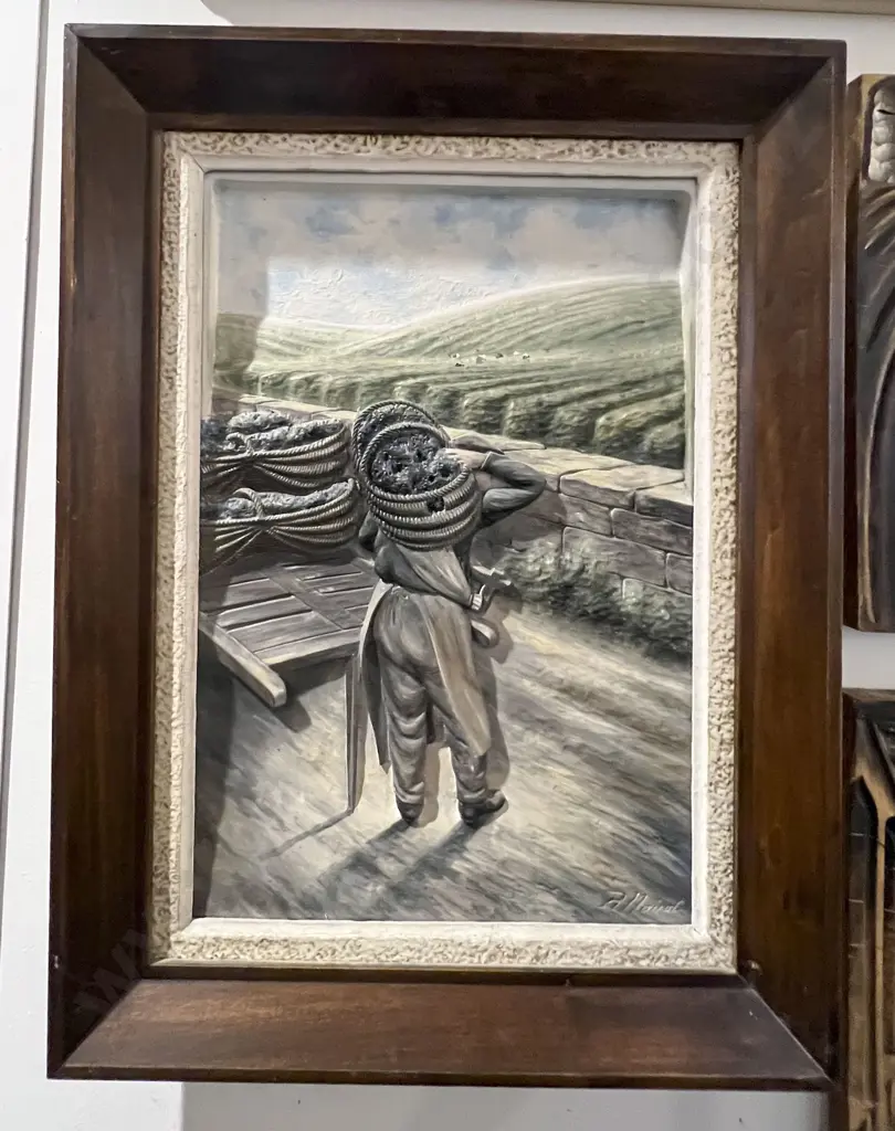 R. Moirot - Painted Relief Work of Man Carrying Grapes Image 1++
