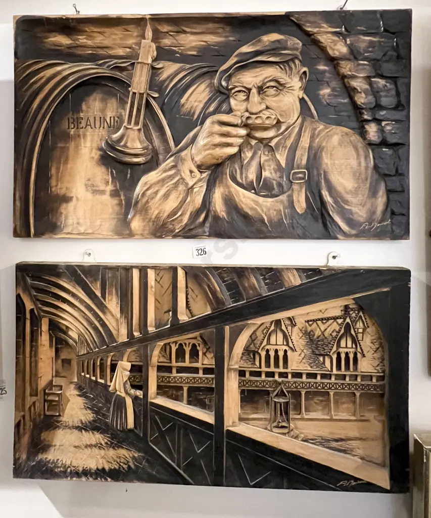 Two Wooden Carved Relief Works by R. Mariot Image 1++