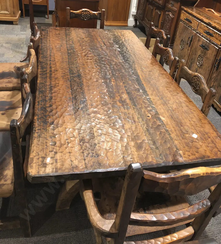 Adzed Refectory Dining Table Together with Six Matching Dining Chairs and Two Carvers Image 1++