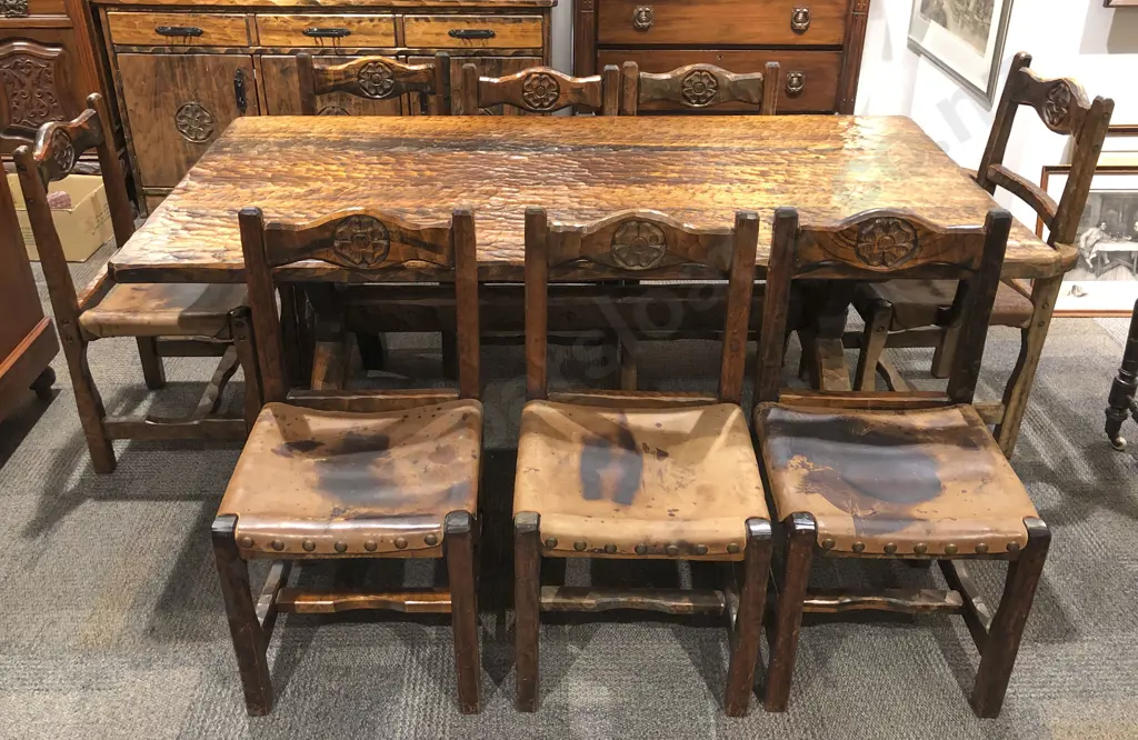 Adzed Refectory Dining Table Together with Six Matching Dining Chairs and Two Carvers Image 1++