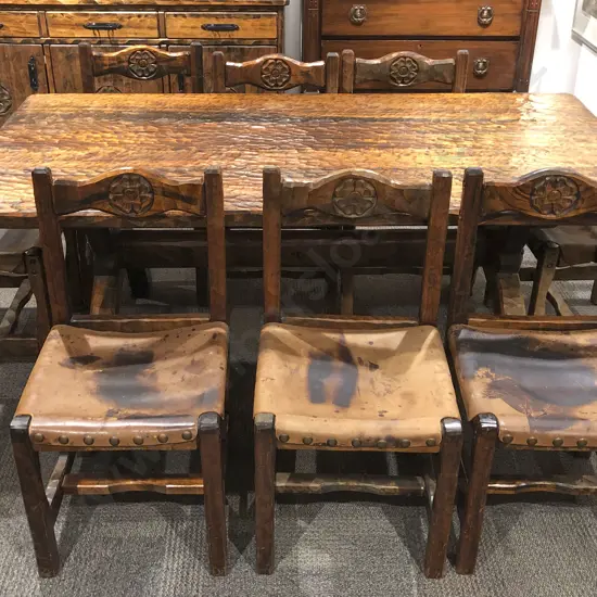 Adzed Refectory Dining Table Together with Six Matching Dining Chairs and Two Carvers