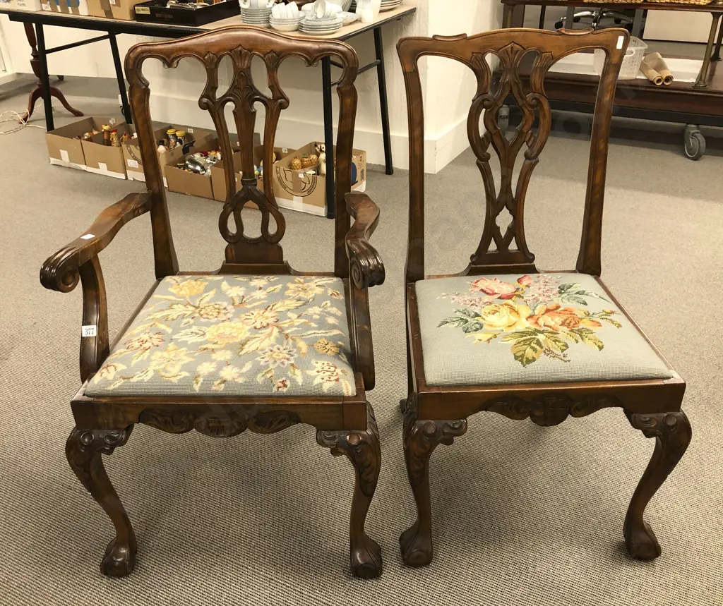 Tapestry Seated Chippindale Style Carver Chair and Matching Single Dining Chair Image 1++