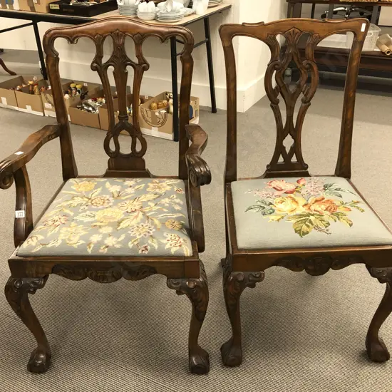 Tapestry Seated Chippindale Style Carver Chair and Matching Single Dining Chair
